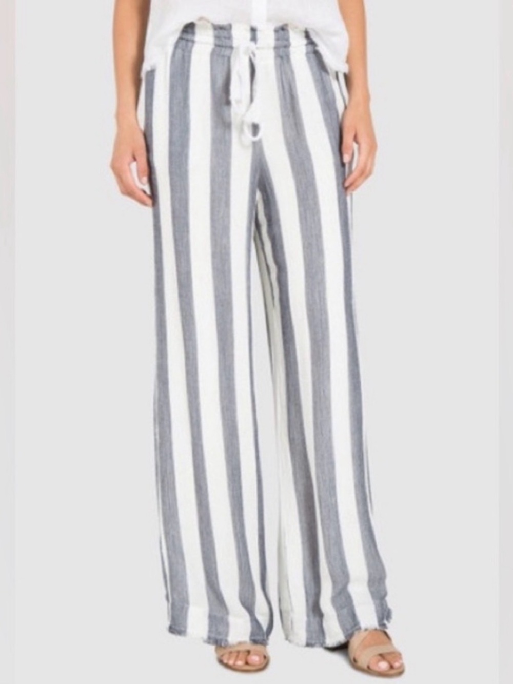 {French Laundry} Palazzo Striped Wide-Leg Linen Blend Pants - White & Gray